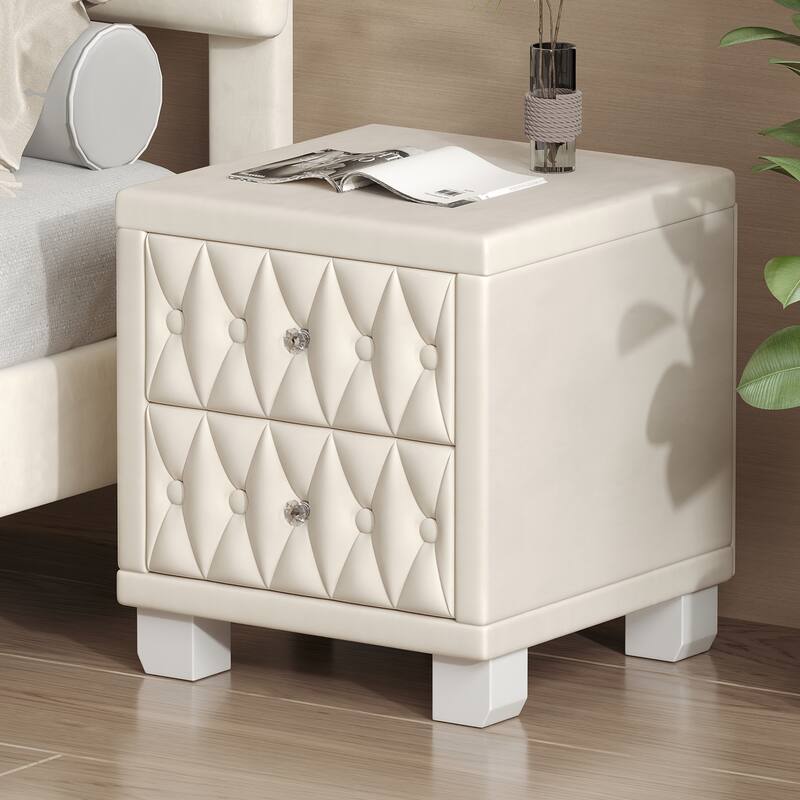 Elegant Velvet 2-Drawer Nightstand with Crystal Handles - Button-Tufted Storage Bedside Table (Beige)