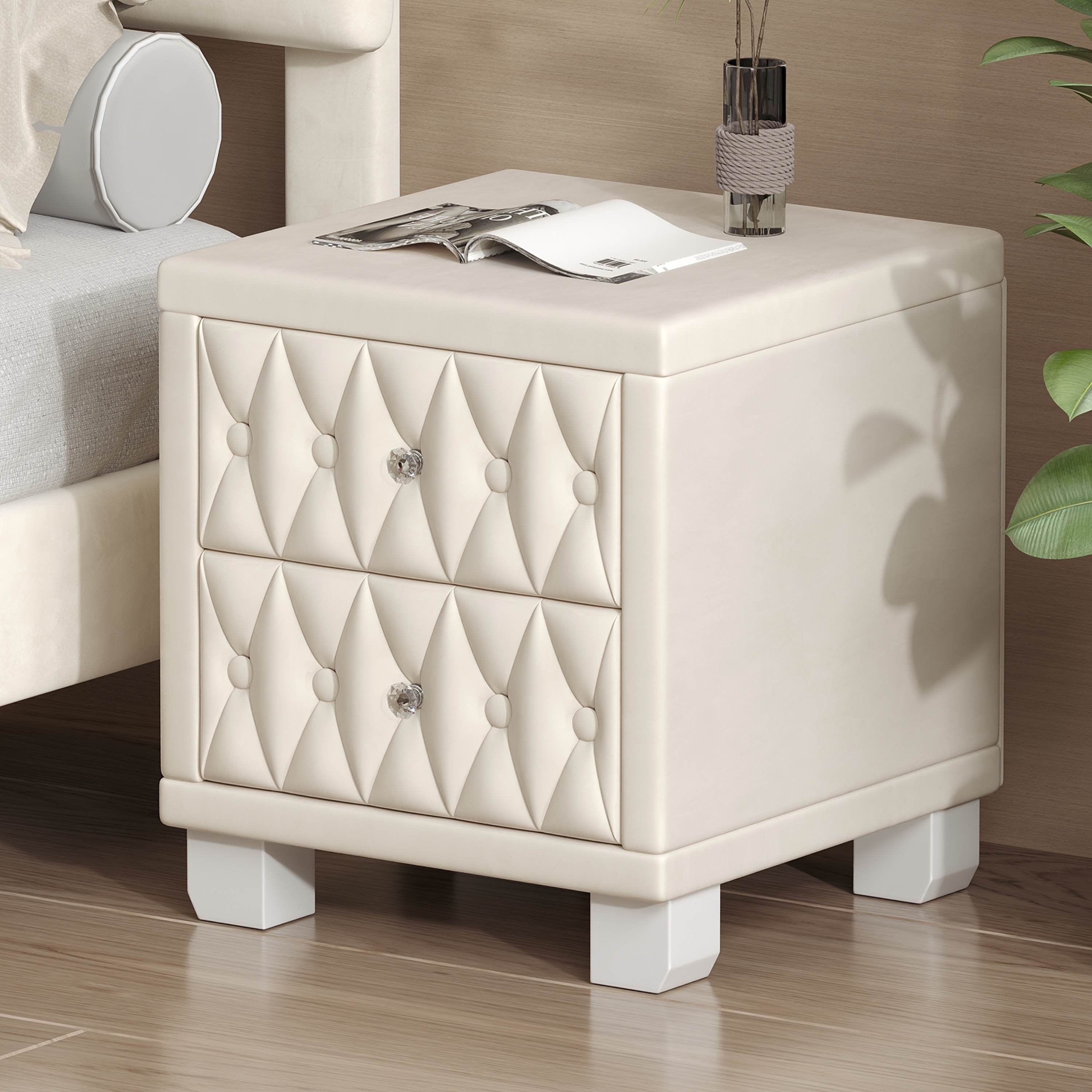Velvet Nightstand with Drawers, Tufted Bedside Table with Crystal Handles, Luxury Storage Cabinet for Bedroom