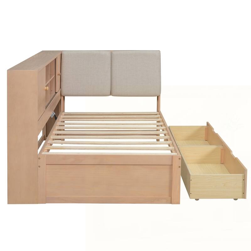 L-shaped Daybed Corner Bed with Storage Bookcase and USB Charging Ports