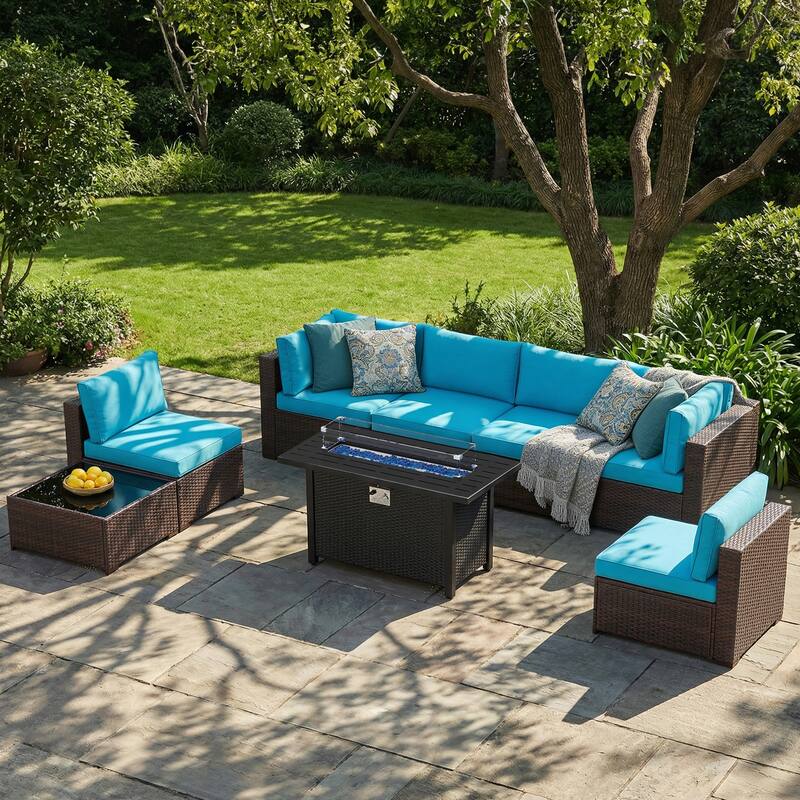 Outdoor Wicker Sectional Sofa 8-Piece Set with Fire Pit Table