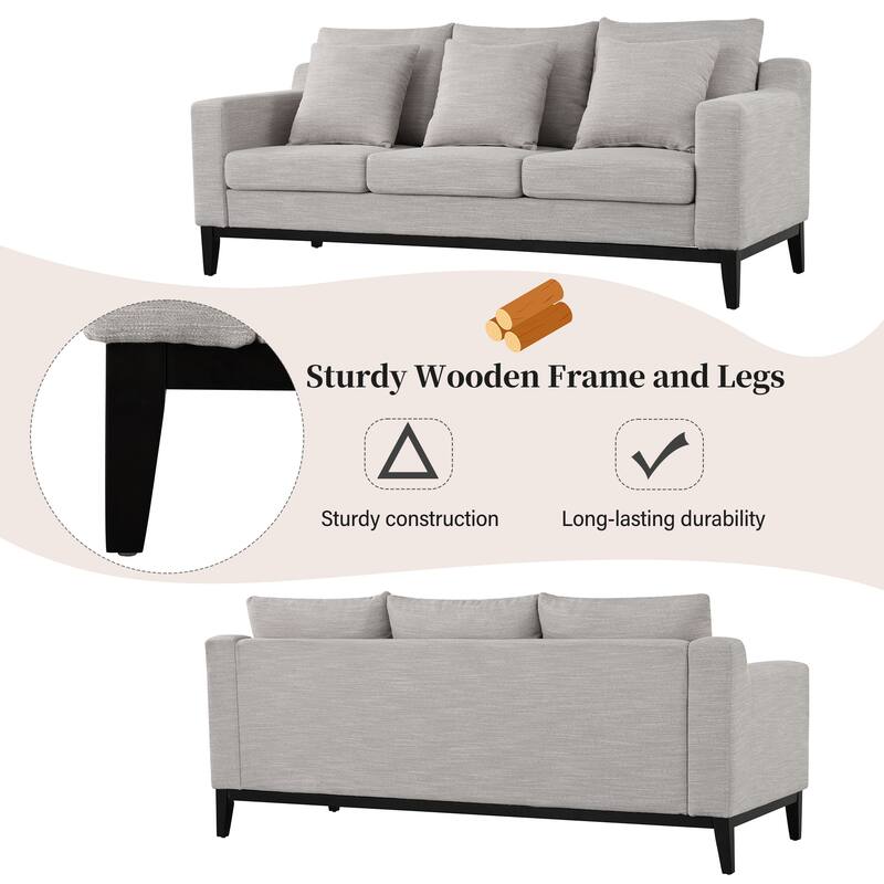 3 Seat Fabric Sofa, Couch Upholstered Leisure Couches with Deep Seats, Modern Square Arms Sofa with Wooden Legs
