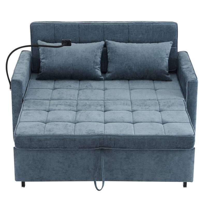 Roomfitters Loveseat Pull-Out Sofa Bed with Reversible Backrest Cushion, Side Pockets, USB Ports, and Phone Holder