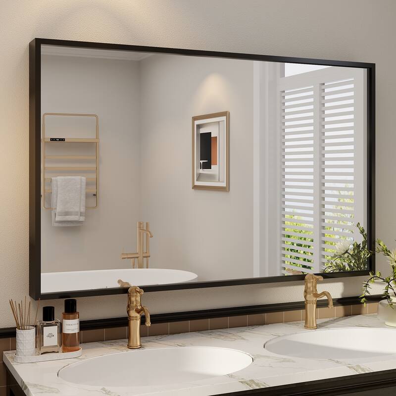 Tempered Glass and Metal Framed French Cleat Mounted Wall Bathroom / Vanity Mirror - 48" x 30" - Black