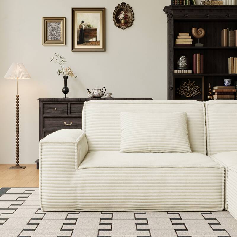 Anmytek Modern Large Striped Vacuum Compressed Full Sponge High Rebound Straight Sofa with Footstool Beige