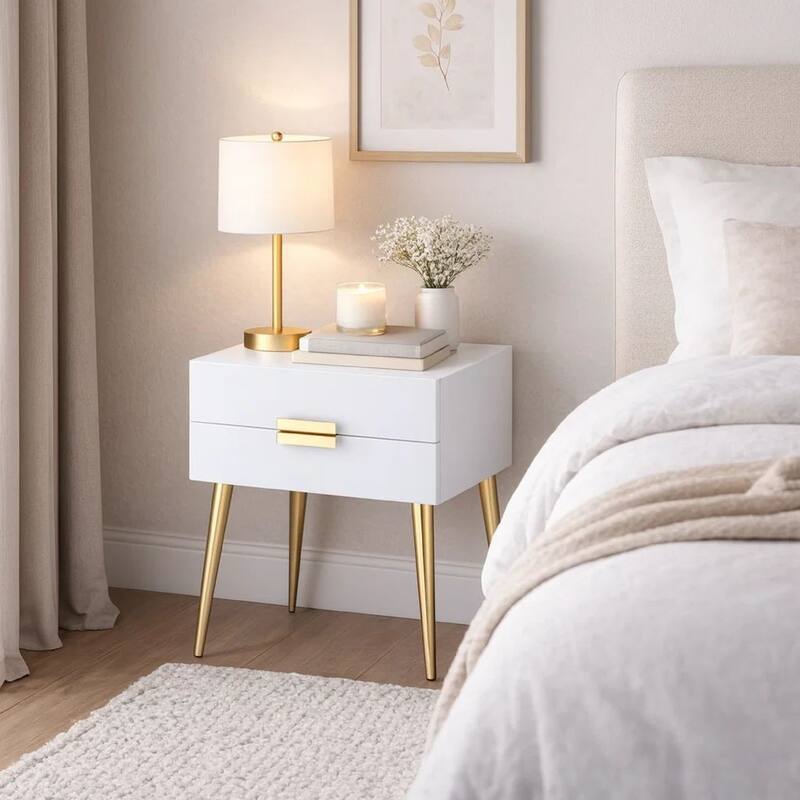 Denvor Square End Table with Drawers, White & Gold