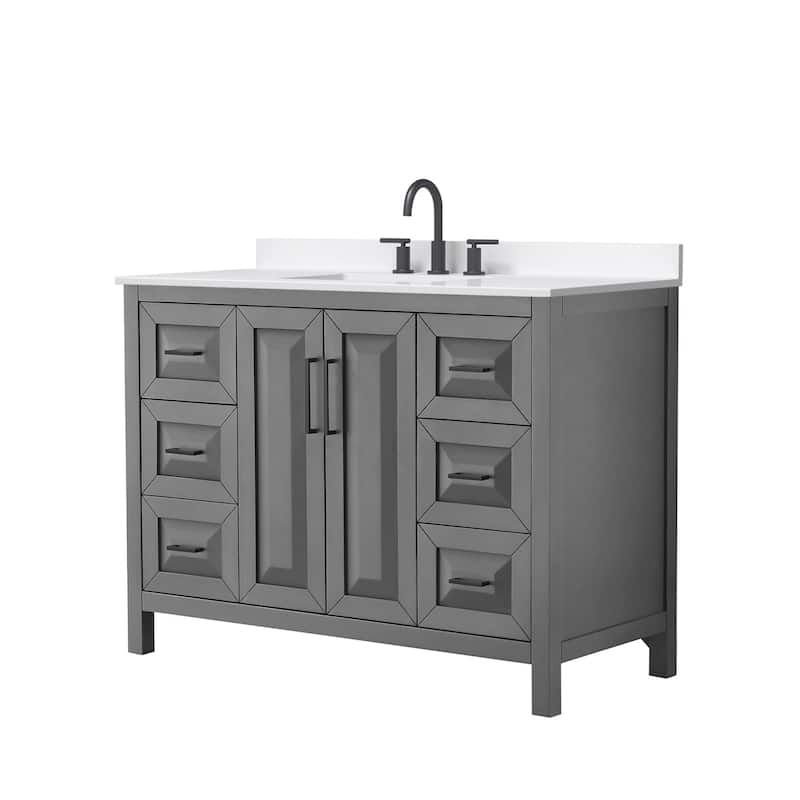Daria 48-inch Single Vanity, 3 Hole Quartz Top - Dark Gray, Black Trim, White Quartz Top