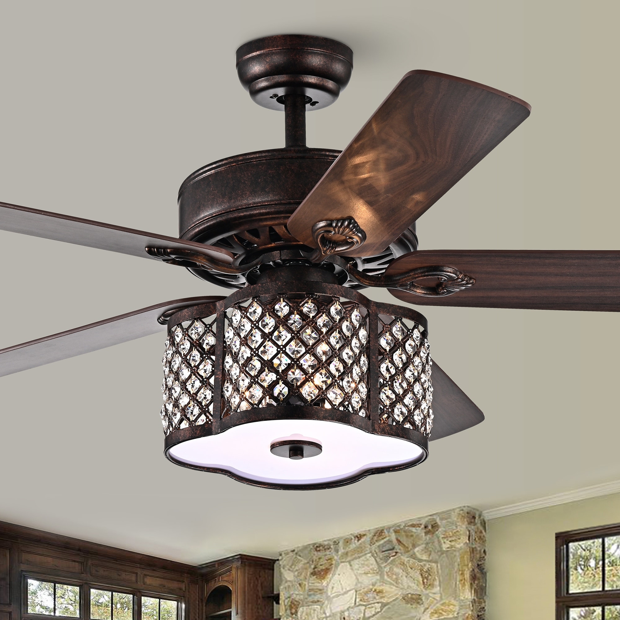 Warehouse of Tiffany Inouye 52-inch Rustic Bronze Ceiling Fan with 5-light Caged Crystal Drum Shade
