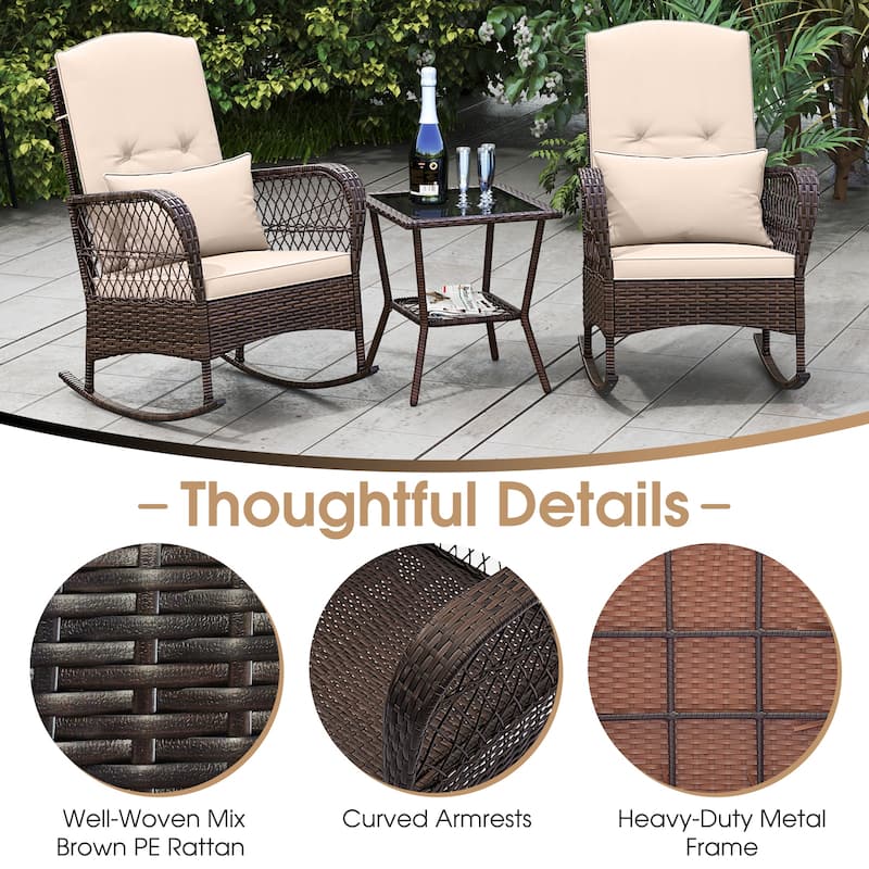 Gymax 3 Pieces Rocking Bistro Set PE Rattan Rocking Chairs w/ 2-Tier