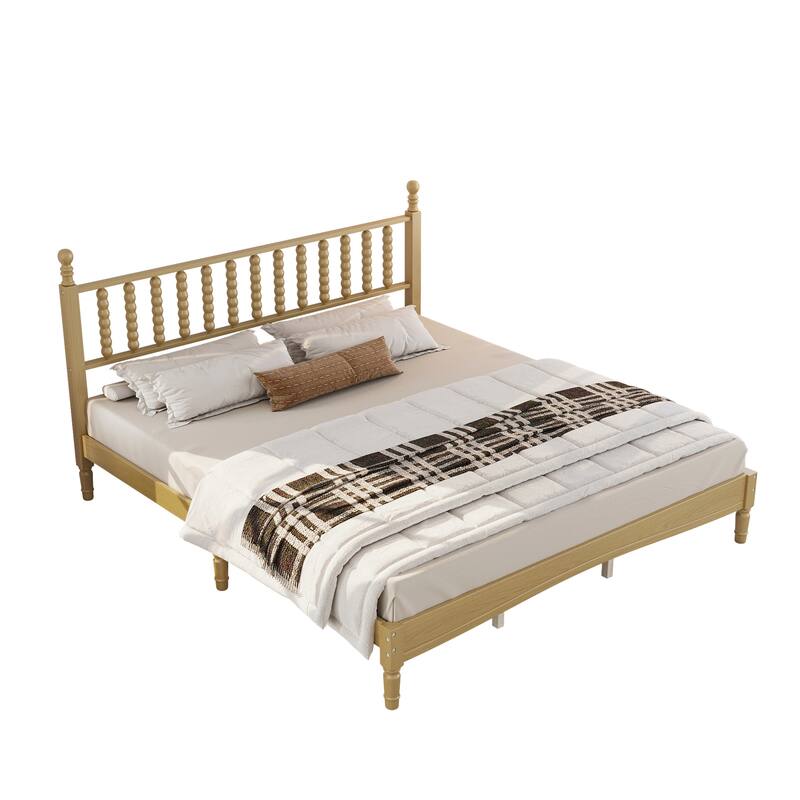 Retro Style Wood Low Profile Platform Bed with Wooden Slat Support and Gourd Shaped Headboard, No Box Spring Needed