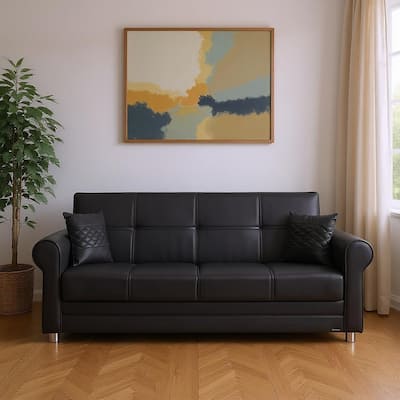 HomeRoots 89" Black Faux Leather Convertible Futon Sleeper Sofa And Toss Pillows With Storage