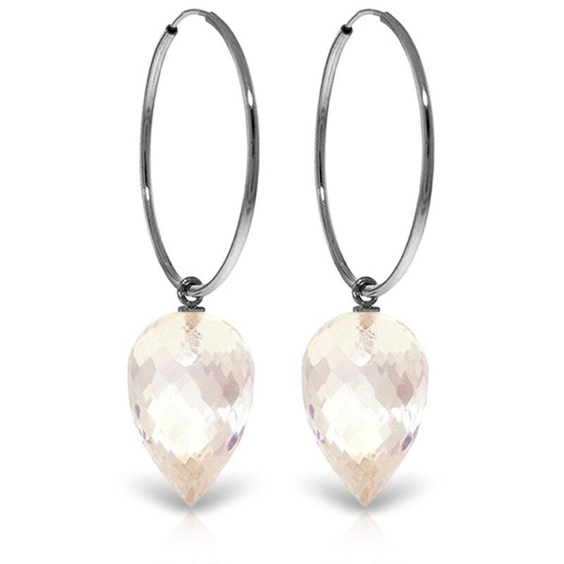 14K Solid Gold Hoop Earrings w/ Pointy Briolette Drop White Topaz - White