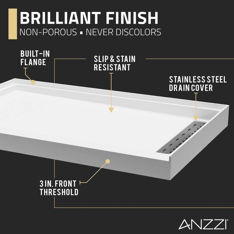 Alexander 60 in. L x 32 in. W Alcove Shower Pan Base with Right Drain in Glossy White Marine Acrylic