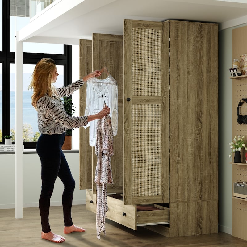 Rattan-Accented Wardrobe - Spacious Clothing Organizer with Style