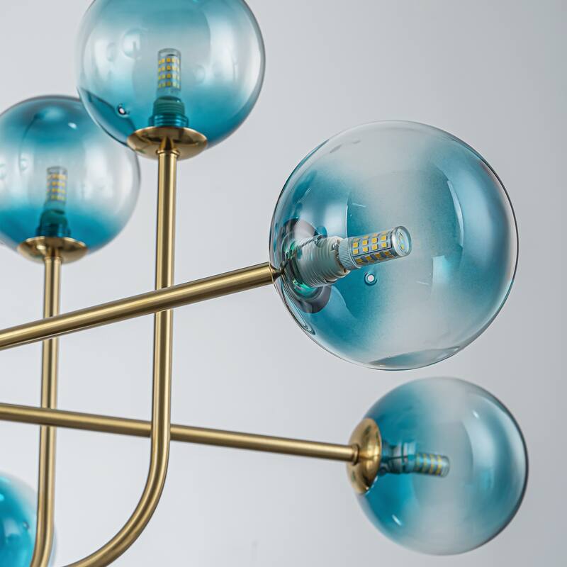 13-Light Mid-Century Modern Gold/Black Linear Sputnik Gradient Blue Glass Globe Bubble Chandelier for Living Room