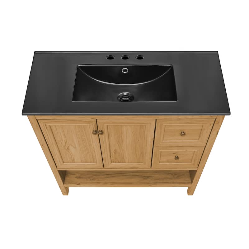 Chteau 36 In. Brown Oak Bathroom Vanity With Black, 3-Hole Ceramic Sink Top