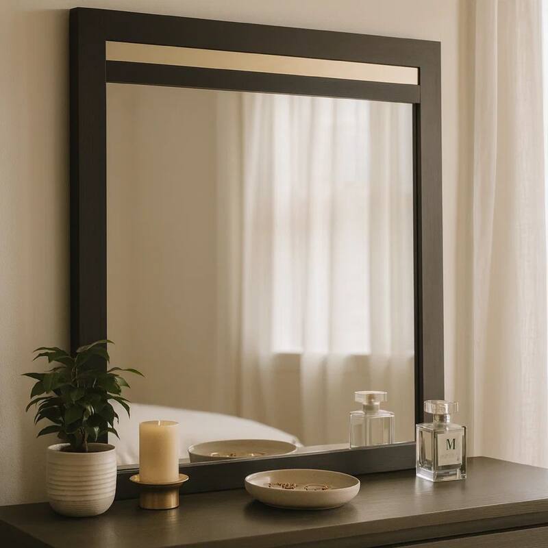 Yoki 41 Inch Dresser Mirror, Modern Glam Black with Gold Acrylic Accents - Black, Gold