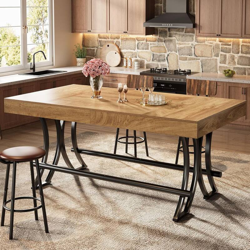 63 Inches Engineered Wood Bar Table, Rectangular Home Bar Unit with Metal Footrest