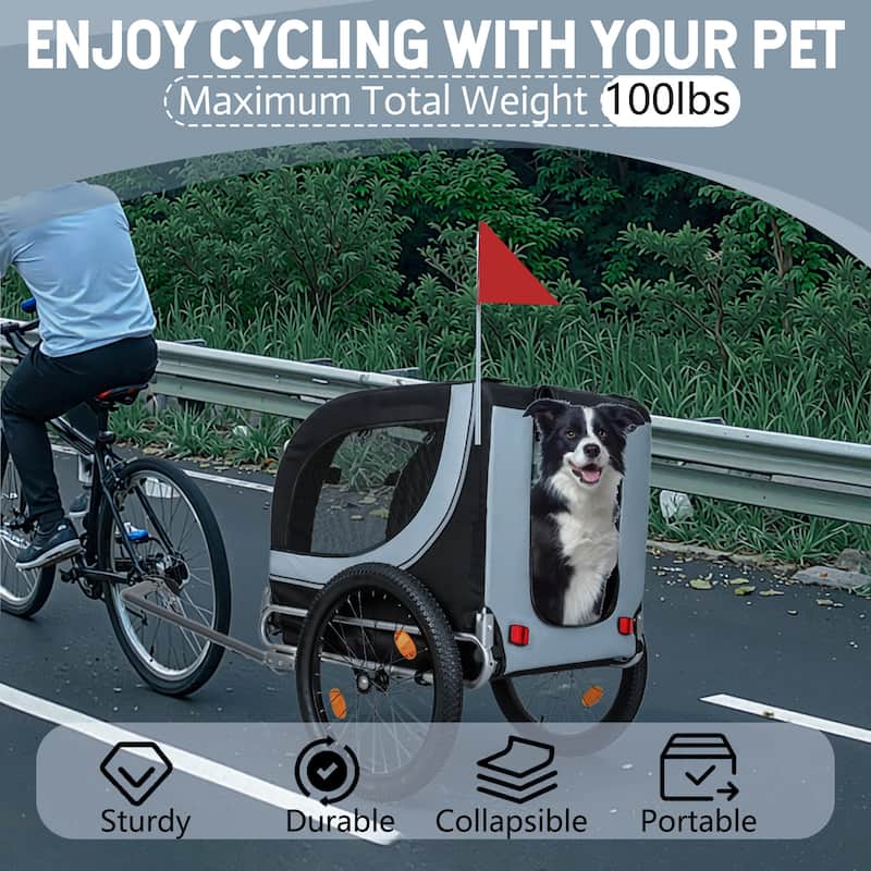 100LB Large Dog Bike Trailer - Folding Pet Carrier with Fat 20" Wheels, Extra Mat, All-Terrain Steel Frame