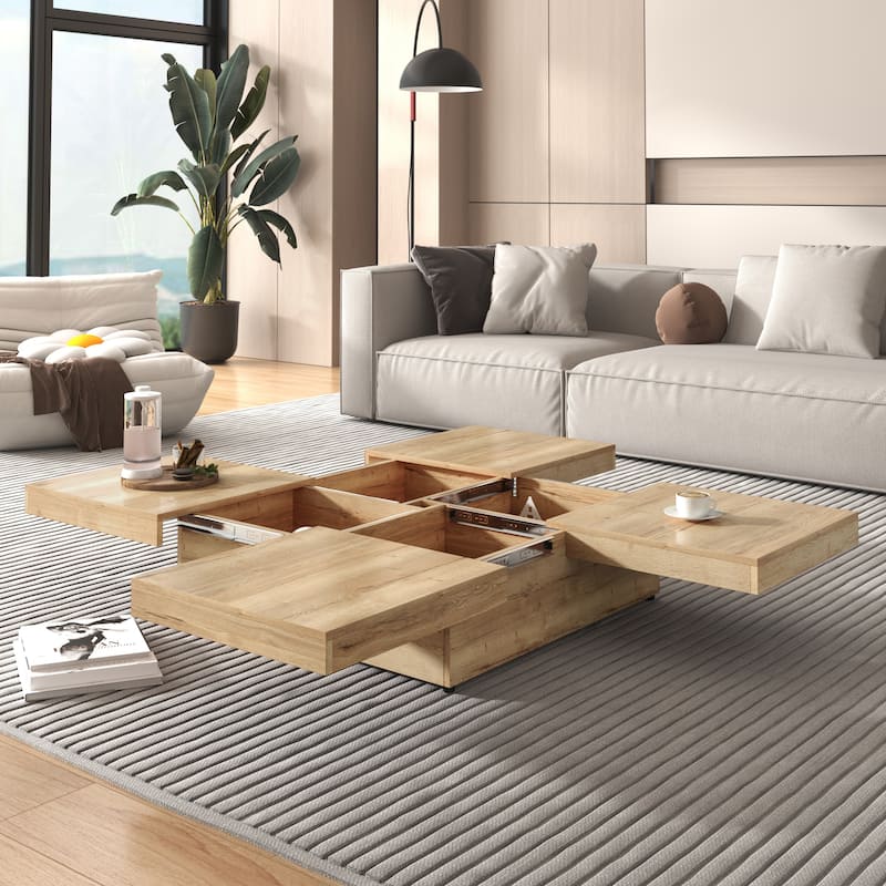 39.4" Modern Square Coffee Table, Low Profile Center Table with Sliding Top, Hidden Storage