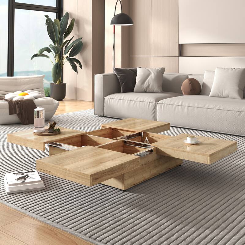 39.4" Square Veneer Coffee Table with Sliding Top & Storage, Natural Wood Grain Finish