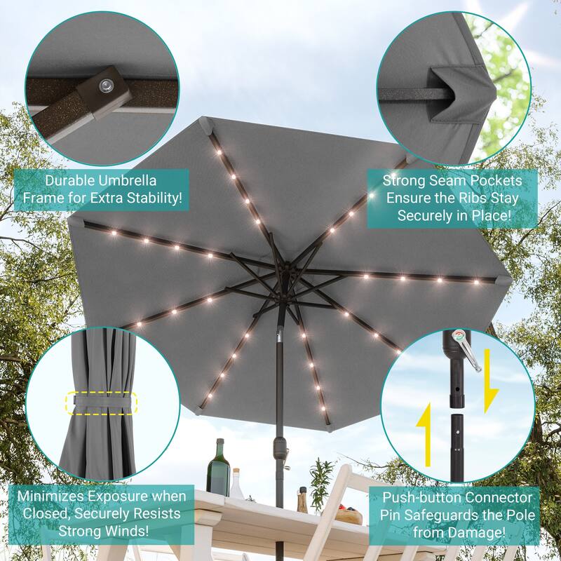BONOSUKI Patio 10Ft LED Market Umbrellas With Solar Lights, Table Umbrella for Patio and Outdoor With Tilt Button