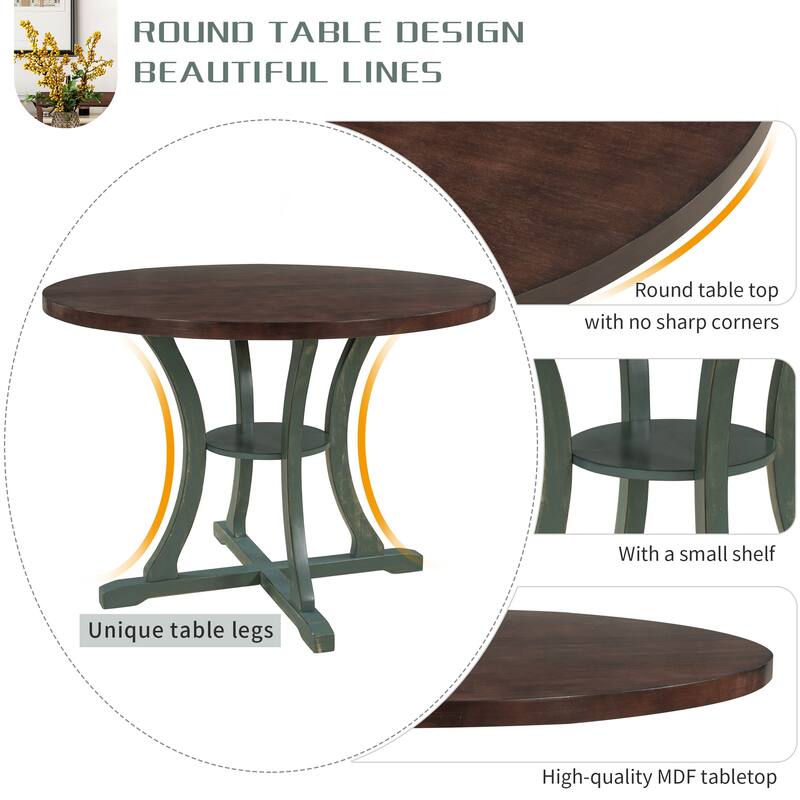 5-Piece Wooden Dining Table Set with Round Table, 4 Chairs & Shelf