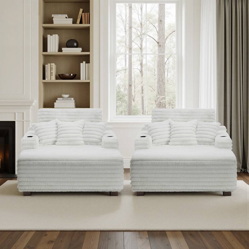 53"W Oversized Plush Fur-Like Chaise Lounge Sofa with Cup Holder