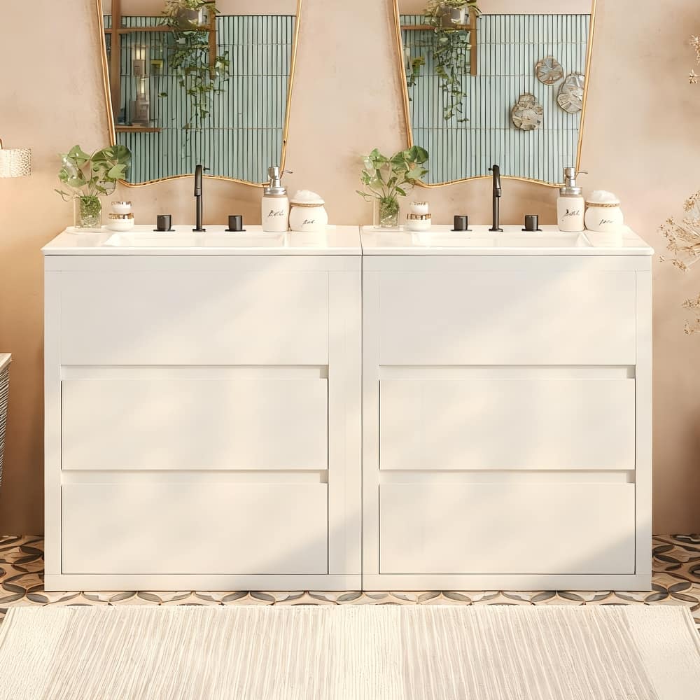 60" Double Sinks Bathroom Vanity Set, Bathroom Cabinet with Two Separate Ceramic Sinks, Soft Close