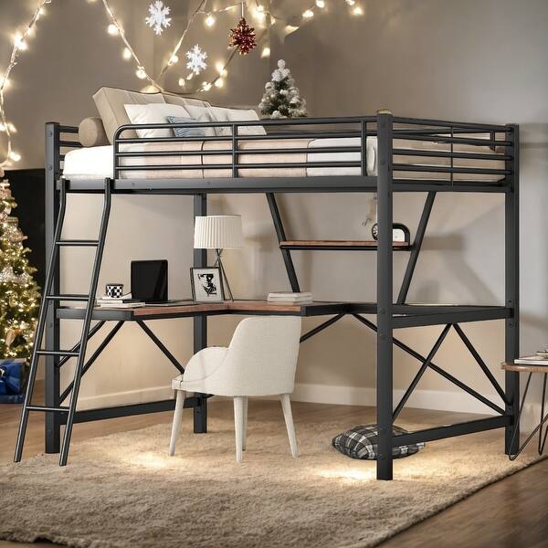 slide 2 of 24, Full Size Loft Bed with Desk and Shelf, Sturdy Metal & MDF Frame Black