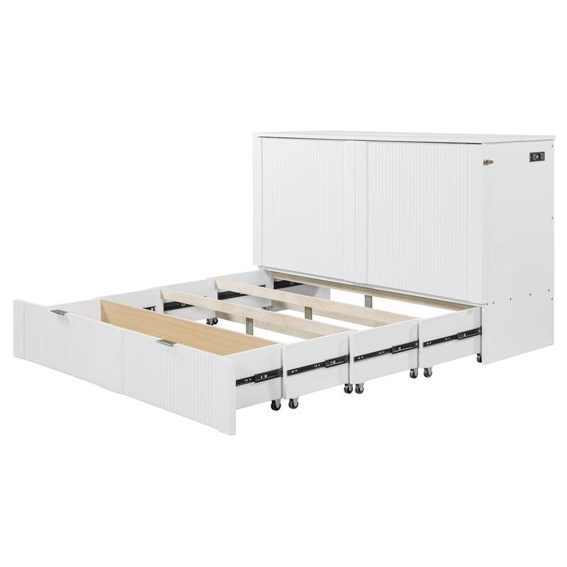 Queen Size Wall Bed with Drawer, USB Ports & Smooth Pulley Mechanism, Space-Saving White Cabinet Bed