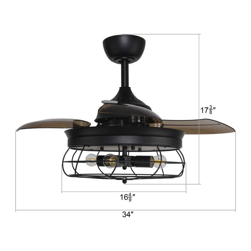 35-in Industrial Matte Black 4-Light 3-Blade Retractable Caged Ceiling Fan with Remote and Light Kit - 35-in W