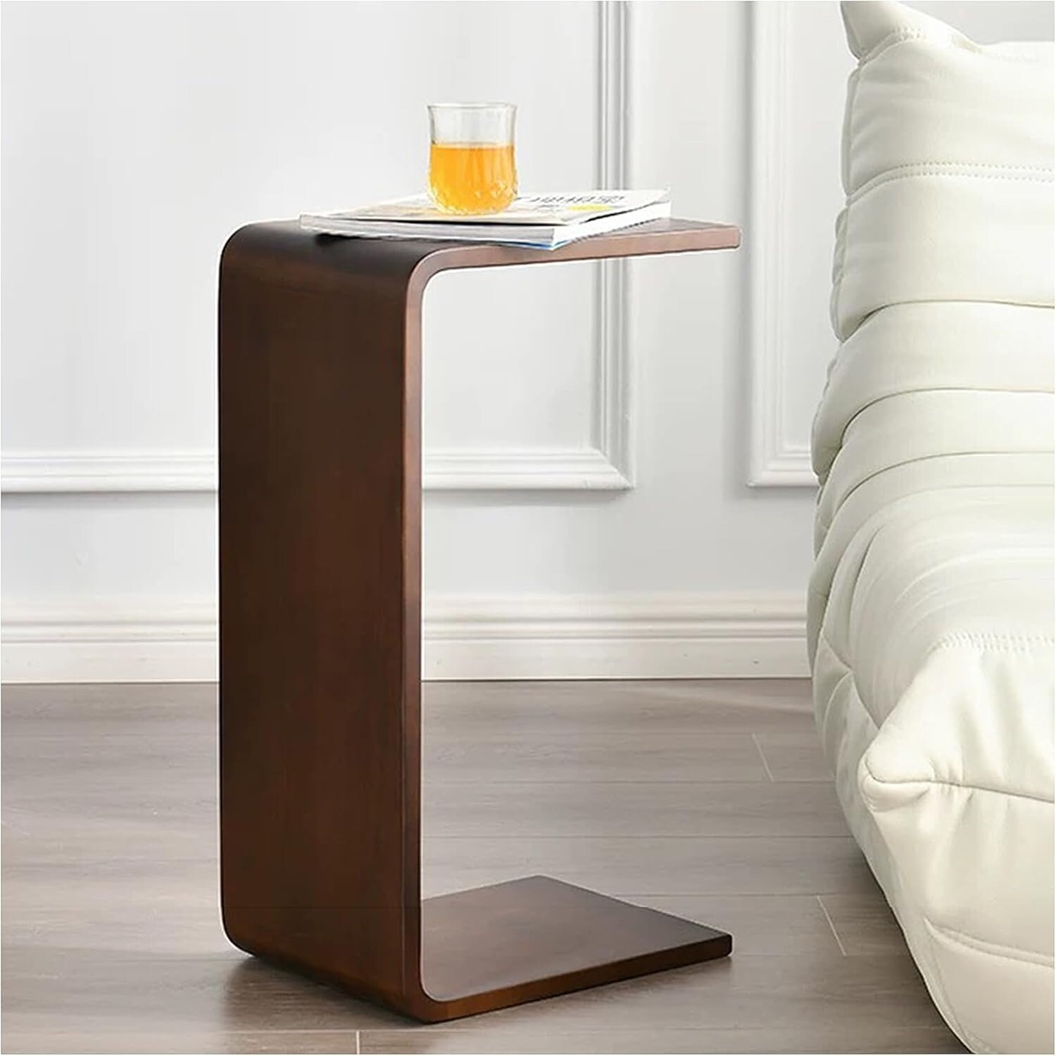 Solid Wood C-Shaped End Table for Sofa and Bed, Space-Saving Side Table for Living Room and Bedroom, 24.4in High, Brown