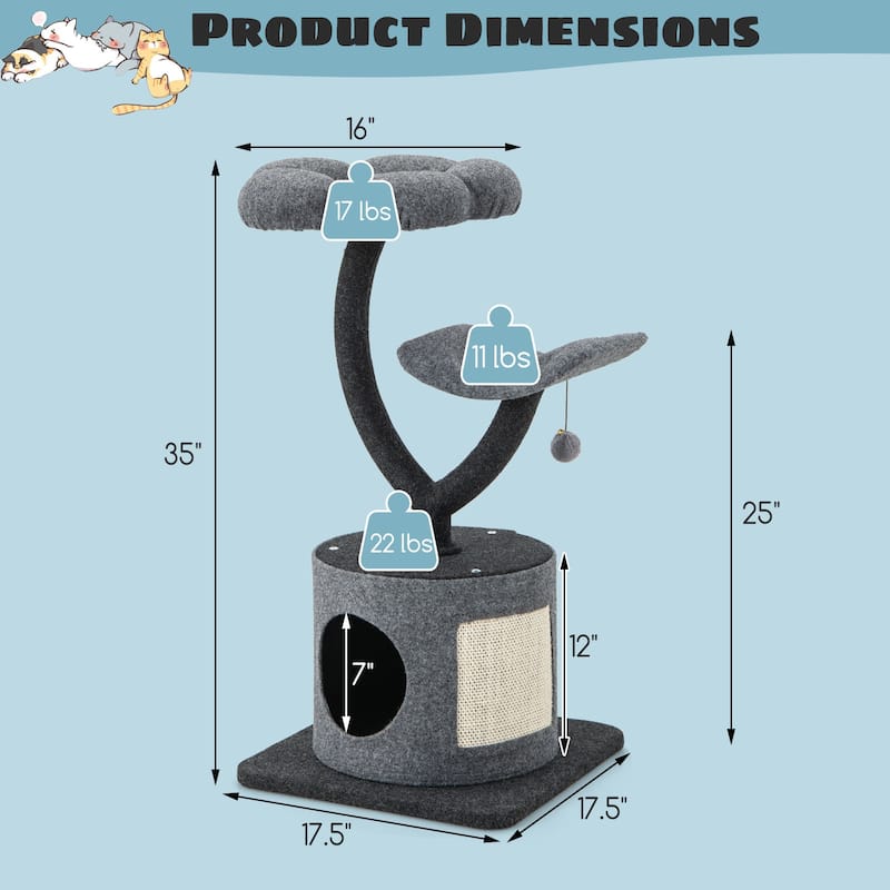 Cat Tree for Indoor Cats with Curved Metal Supporting Frame for Large & Small Cats-Grey - 17.5" x 17.5" x 35"