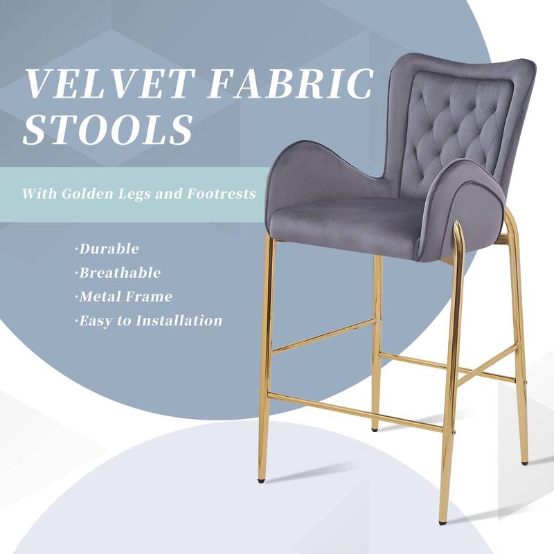 Velvet Bar Stools Set of 2, Counter Height Low Back Arm Chairs with Metal Legs, Kitchen Island Stools with Footrests