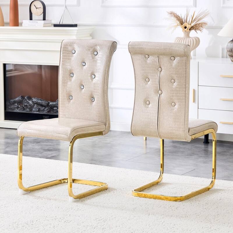 Set of 2 Retro Alligator Skin Upholstered Dining Chairs with Crystal Buckle Design & Faux Leather - Gold+Beige
