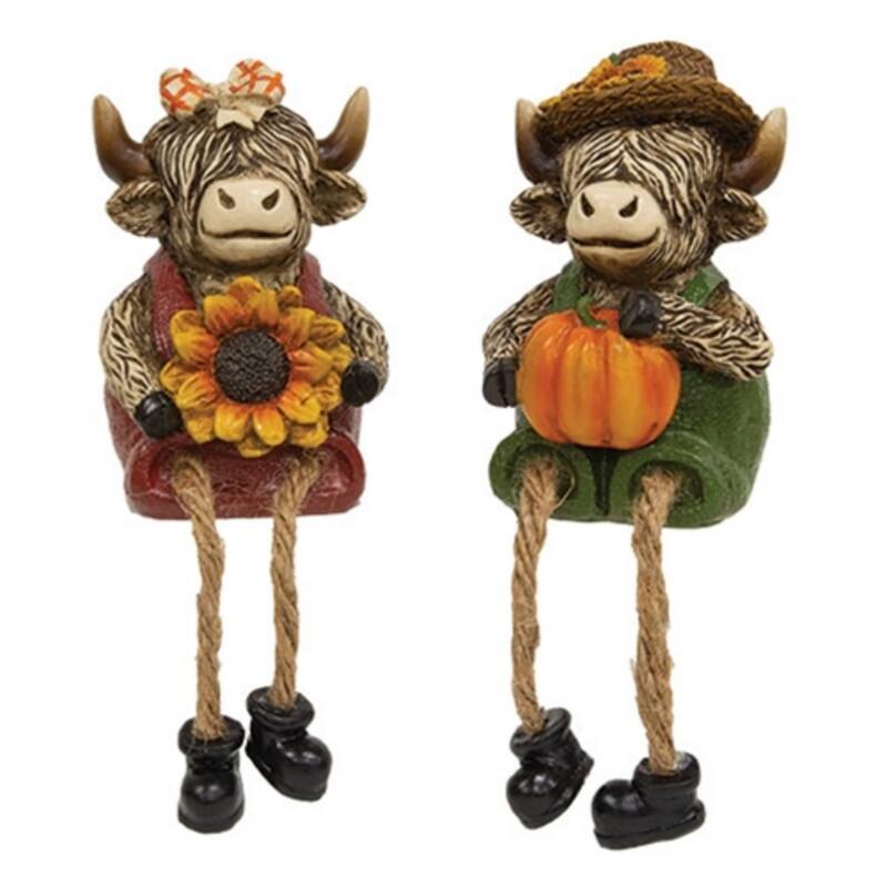 Resin Dangle Leg Harvest Highland Cow Sitters Whimsical Autumn Tabletop Shelf Décor 3.5 Inch - 2 Asstd. - Brown