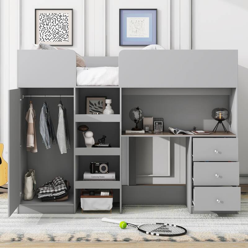 Full Size Loft Bed with Built-in Wardrobe, Desk, Storage Shelves and Drawers, Grey