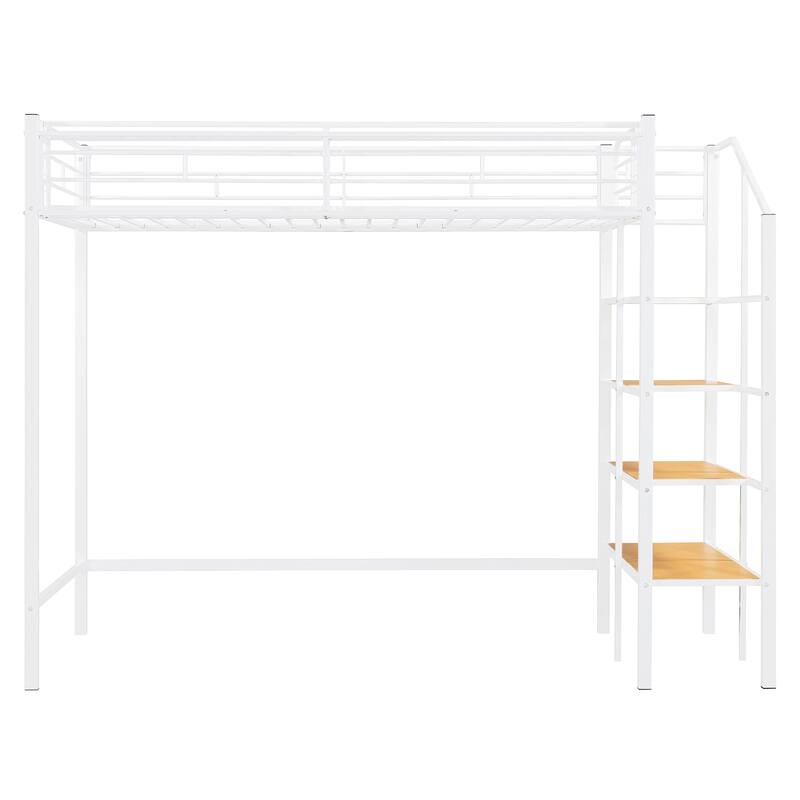 Twin Size Metal Loft Bed with Upper Storage Shelf and Lateral Ladder, White