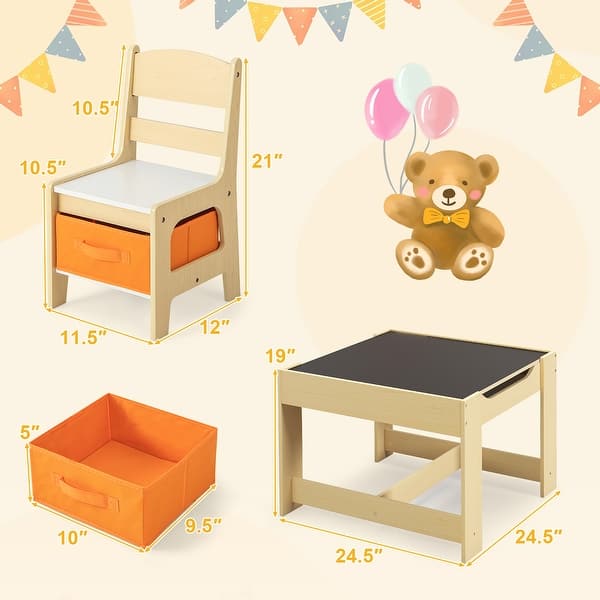 Gymax Children Kids Table Chairs Set With Storage Boxes Blackboard