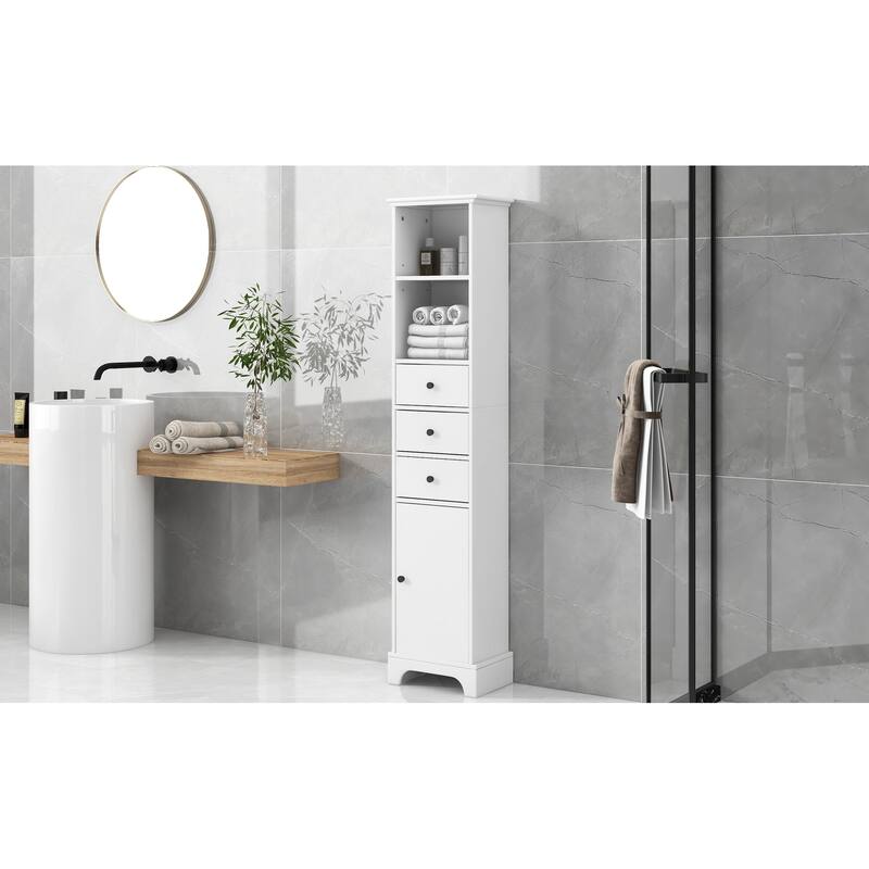 Roomfitters Tall Bathroom Cabinet with 3 Drawers Adjustable Shelf and Painted Freestanding MDF Construction, White