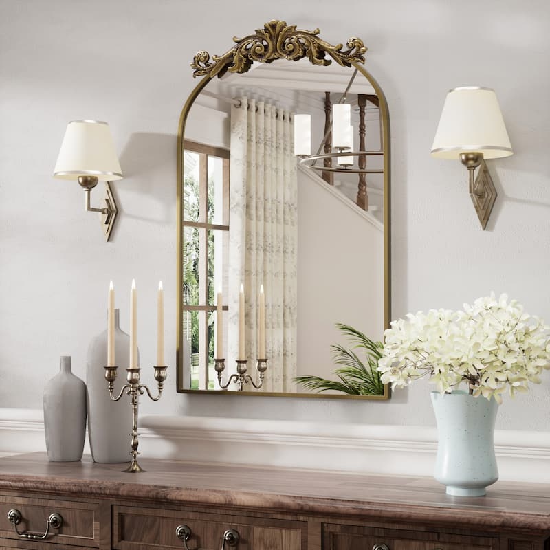 Baroque Ornate Metal Arch Mirror - 19W * 30H Inches - Gold