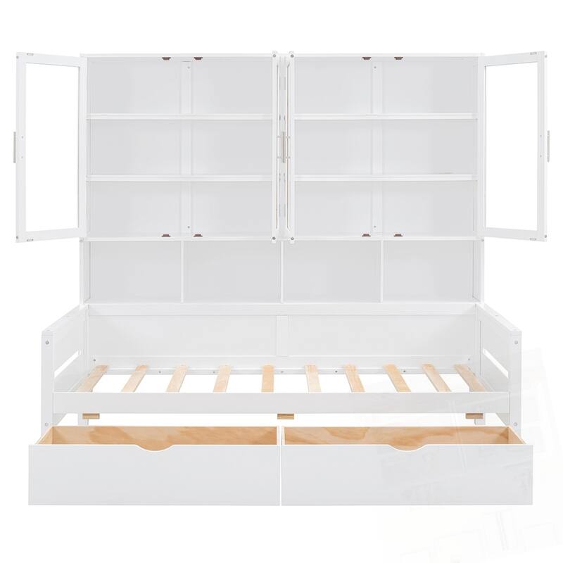 Wooden Daybed with Glass-Door Storage Cabinets Built-in LED Lighting and Shelves