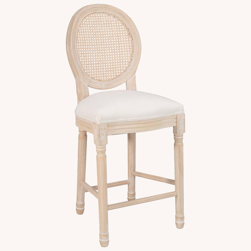 French Country Wooden Bar Stools Set of 2, Rattan Back with Beige & Natural Upholstered Seating