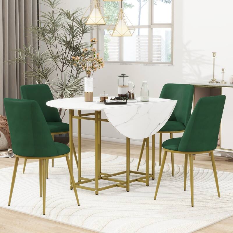 Space-Saving 5-Piece Extendable Kitchen Dining Table Set for Small Spaces - Round Faux Marble Top with Golden Frame