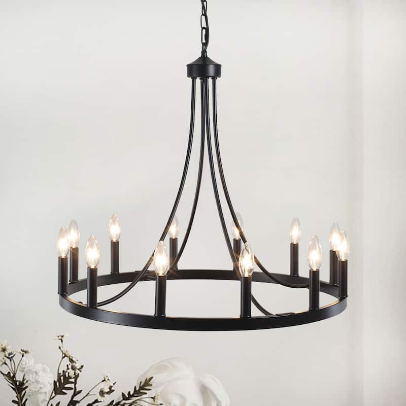 12-light Rustic Farmhouse Wagon Wheel Chandelier Candle Dining Room Lighting - N/A - Black