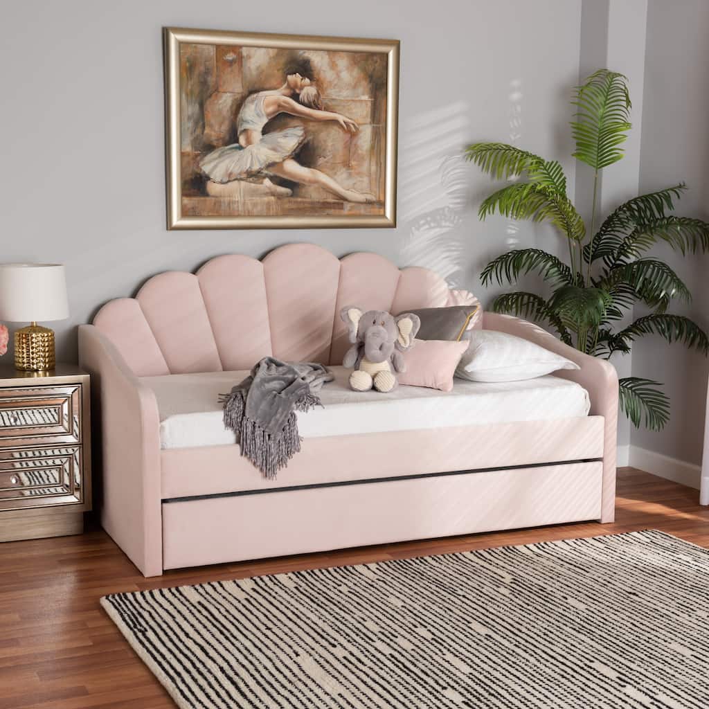 Timila Modern Velvet Upholstered Daybed with Trundle-Light Pink