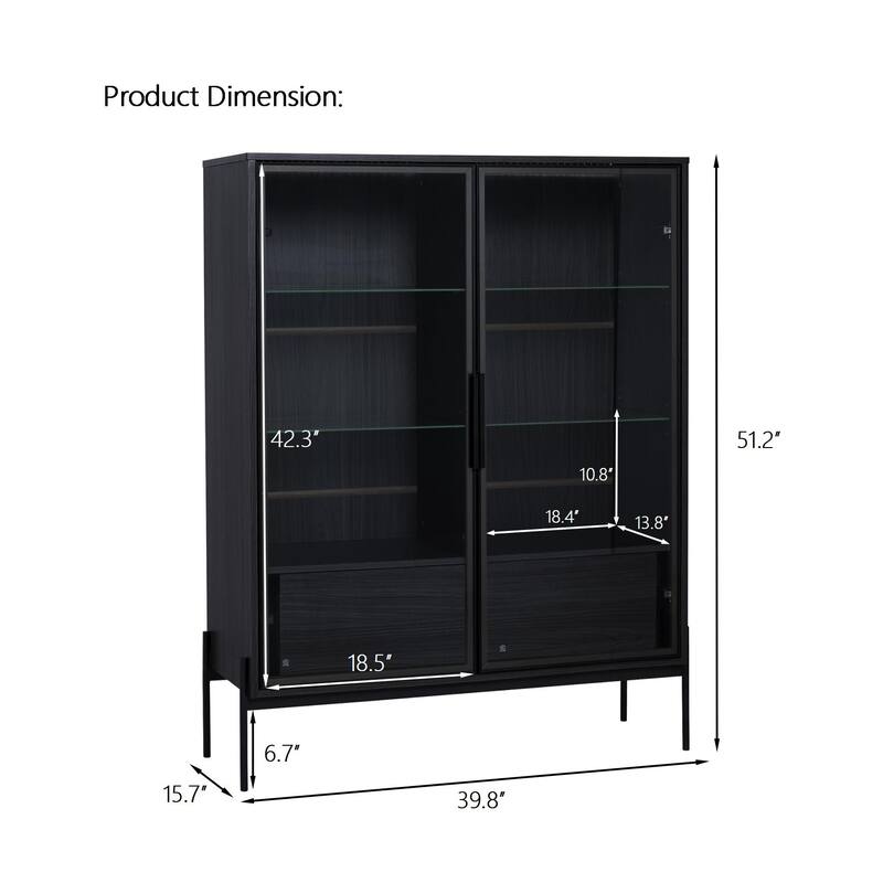 51.2" Modern Display Cabinet with Glass Doors, LED Lighting, Adjustable Shelves and 2 Storage Drawers