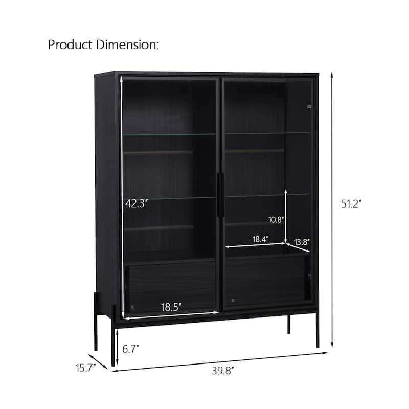 Roomfitters 51.2'' Display Cabinet with Glass Doors, Freestanding Curio Storage Cabinet with Adjustable Shelves for Office