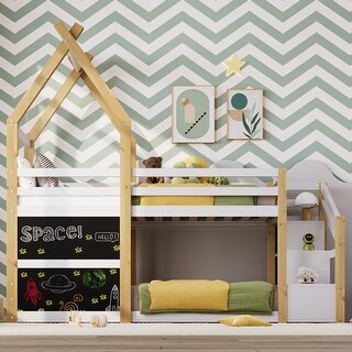 Twin over Twin House Bunk Bed Low Loft Bed Wood Slat Support with Storage Staircase and Blackboard & Safety Guardrail - White