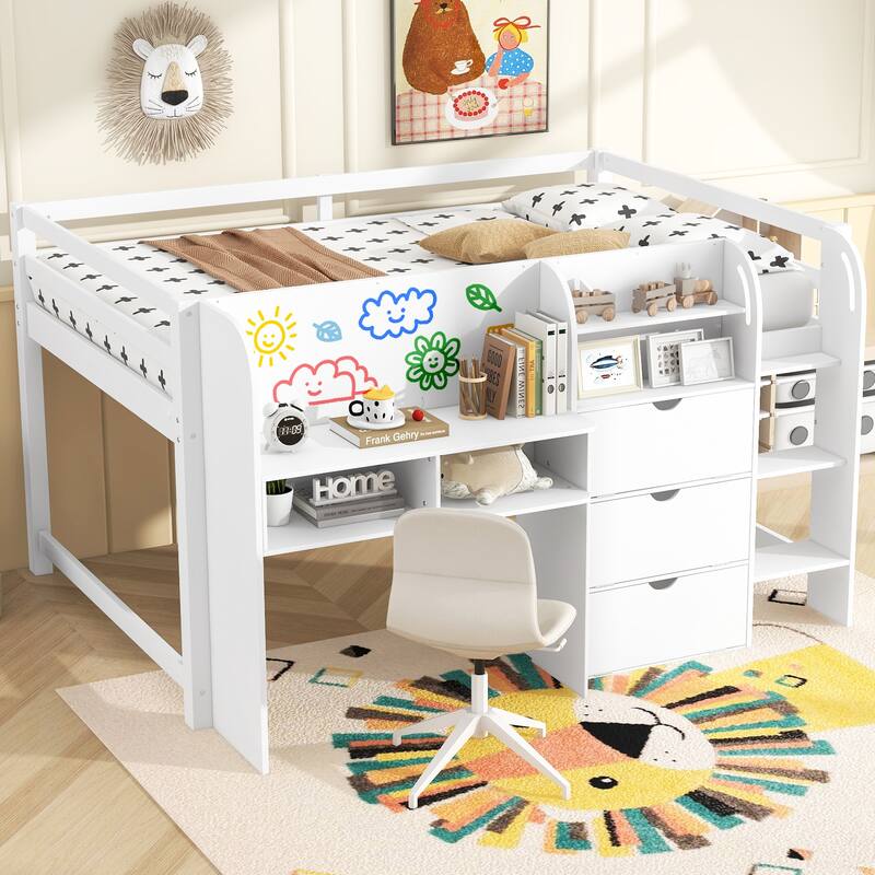 Full Size Low Loft Bed with Storage, Desk, Bookcase, and Graffiti Whiteboard for Kids